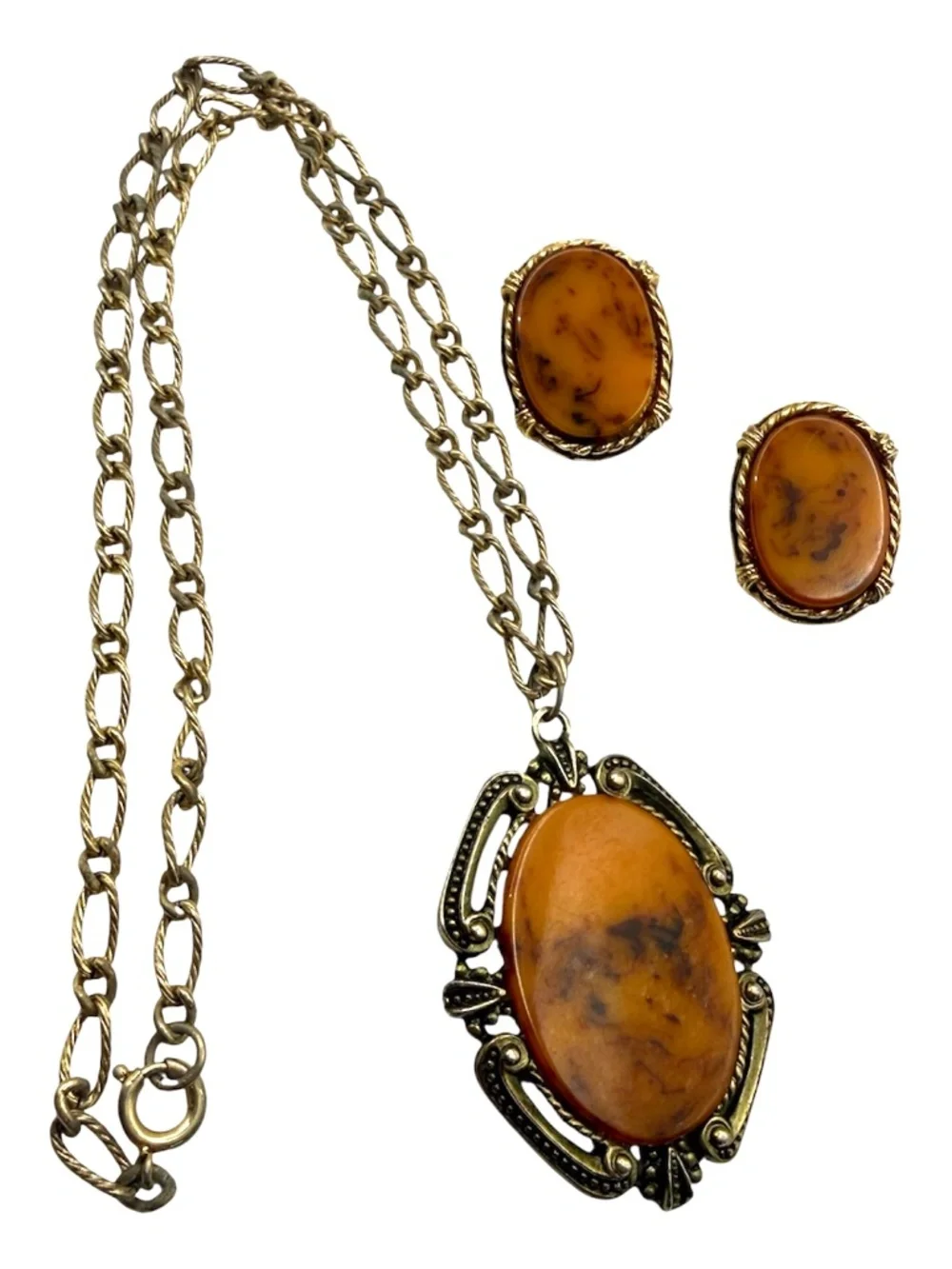 Vintage STAR Demi Parure Set Tortoiseshell Amber Pendant Necklace Clip Earrings